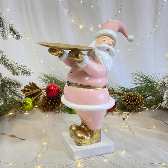 Christmas Holiday Pink Gold Santa Holding Serving Tray Display Stand NEW - Picture 5 of 16